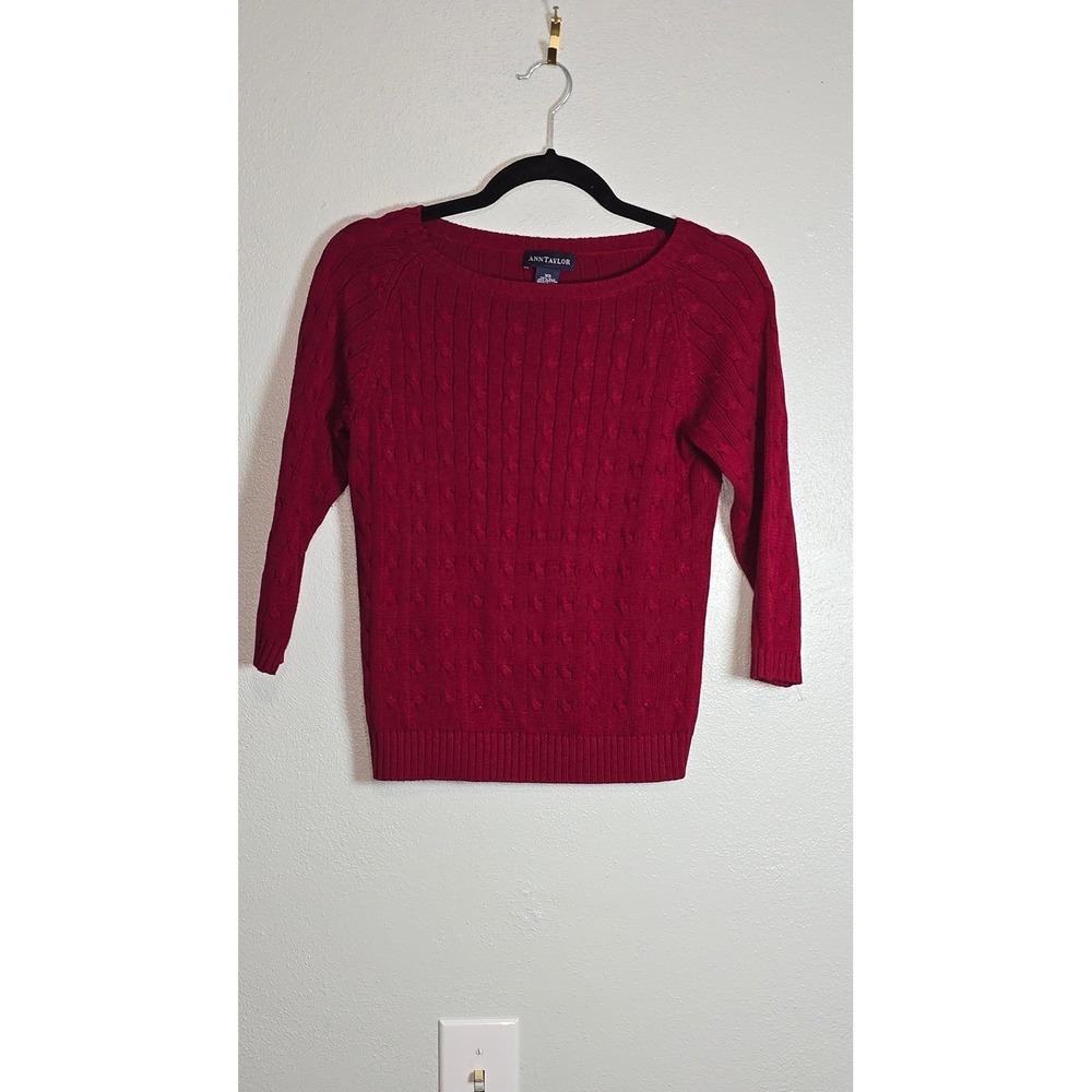 Ann Taylor Red Silk Cotton Cable Knit Sweater XS 3/4 Sleeve Scoop Neck luxury